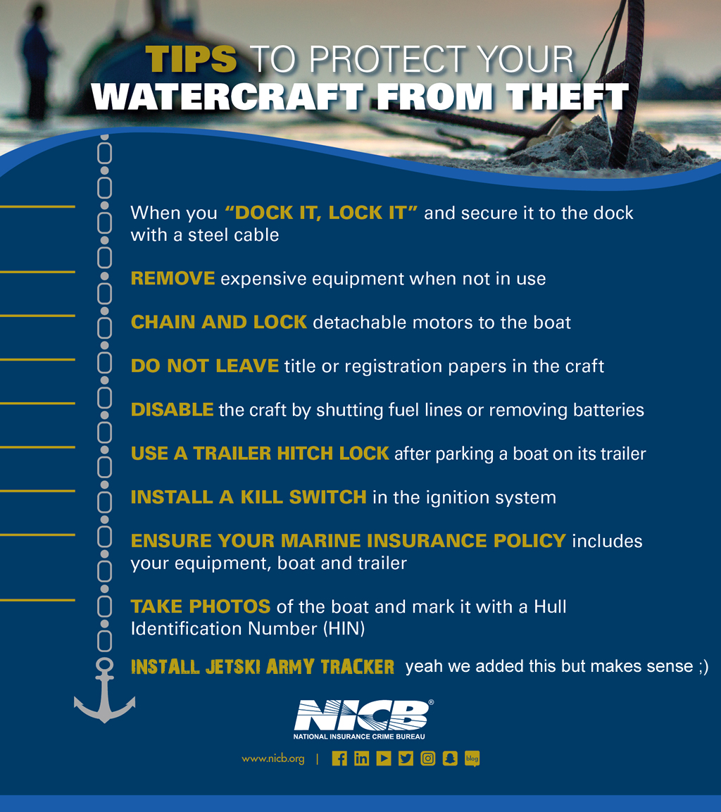 NICB recommends the following tips to protect your watercraft from theft: